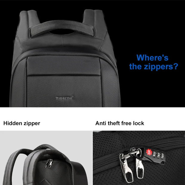 Black backpack with hidden zipper and anti-theft lock feature 