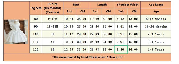 Size chart for children's dresses with tag sizes, US sizes, and measurements.