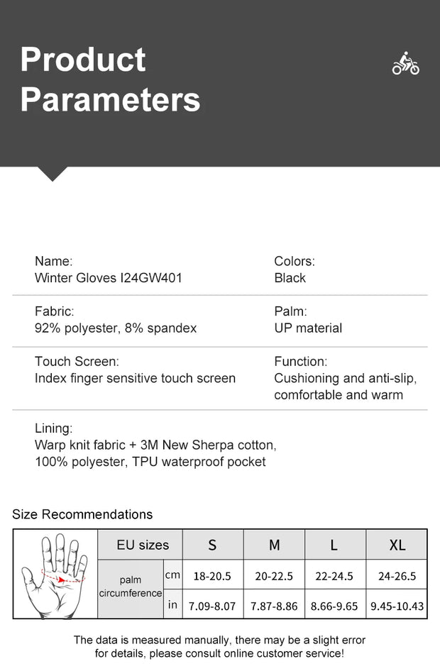Product parameters for winter gloves with detailed specifications and size chart.