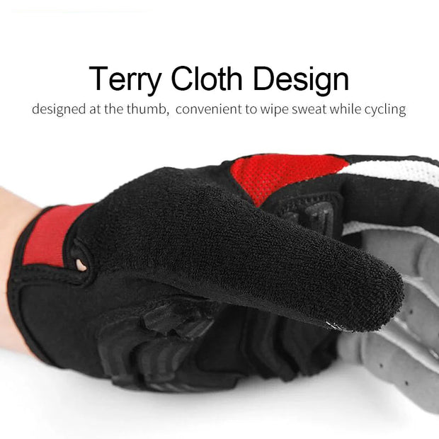 Black and red cycling glove with terry cloth design on a white background
