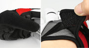 Close-up of a black and red glove with mesh design on a white background