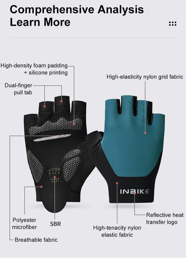 Two gloves, one black and one blue, with text highlighting features on a white background.