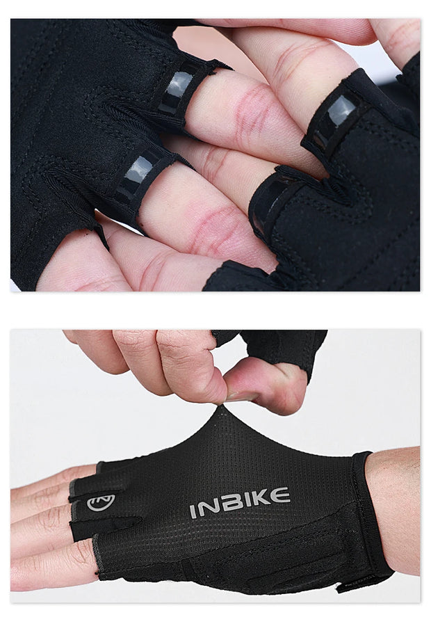 Black half-finger gloves on a white background