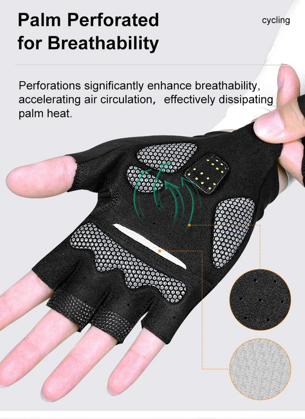 Cycling glove with perforated palm design, held by a hand, on a light gray background.