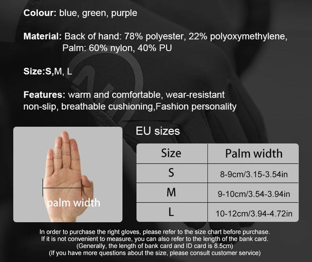 Product information for gloves including color, material, size, and features.