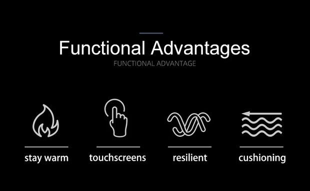 List of functional advantages with icons and text on a black background