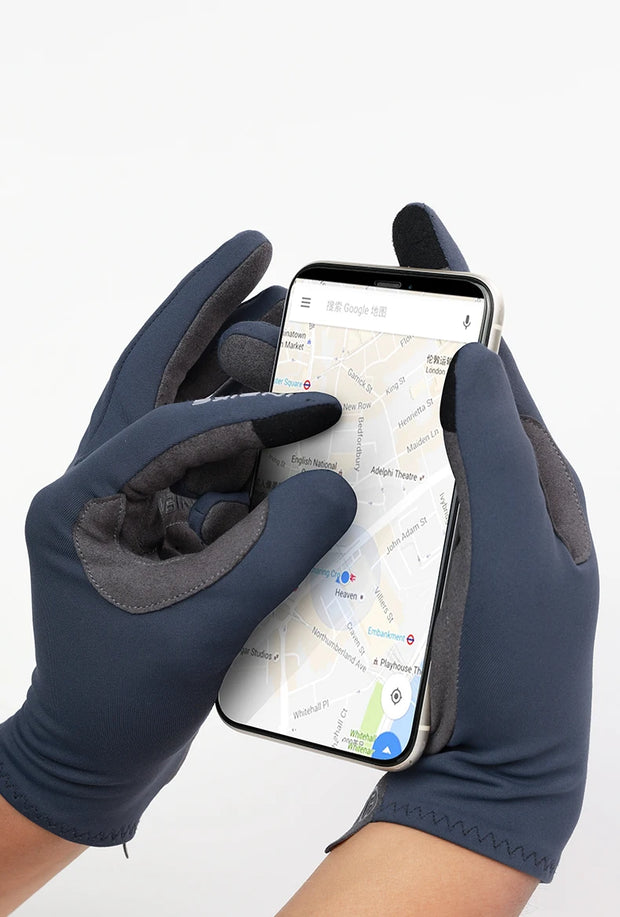 Person wearing gloves using a smartphone with a map app on a white background