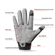 Gray glove with features labeled on a white background