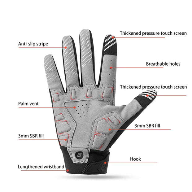 Gray glove with features labeled on a white background
