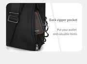Black backpack with a back zipper pocket on a white background