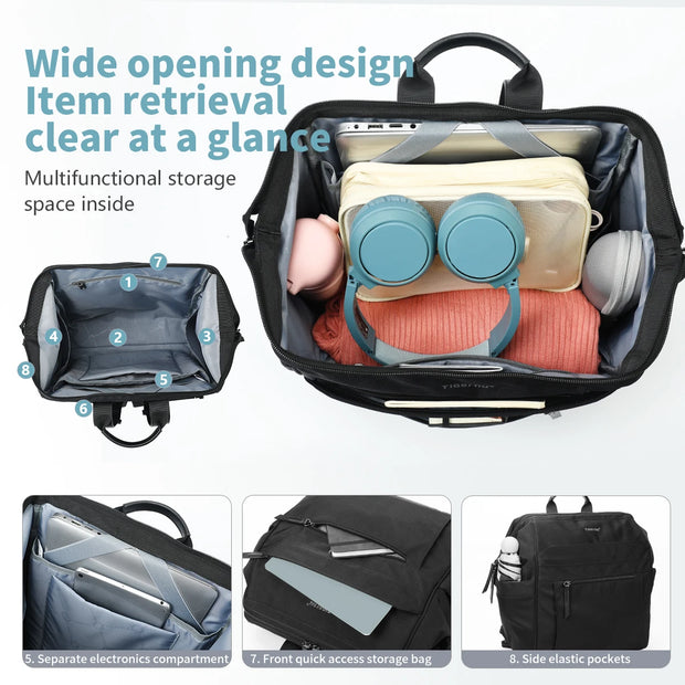 Multifunctional black backpack with labeled compartments on a white background
