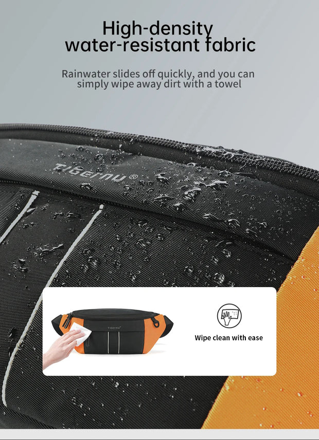bag with high-density water-resistant fabric and cleaning instructions.