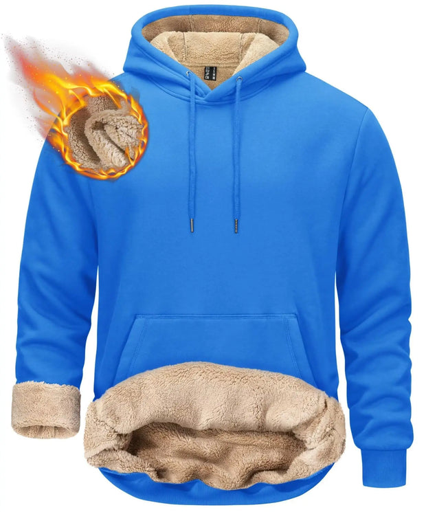 Blue hoodie with beige lining and flame graphic on a white background