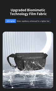 Black waist bag with water repellency feature on a black background