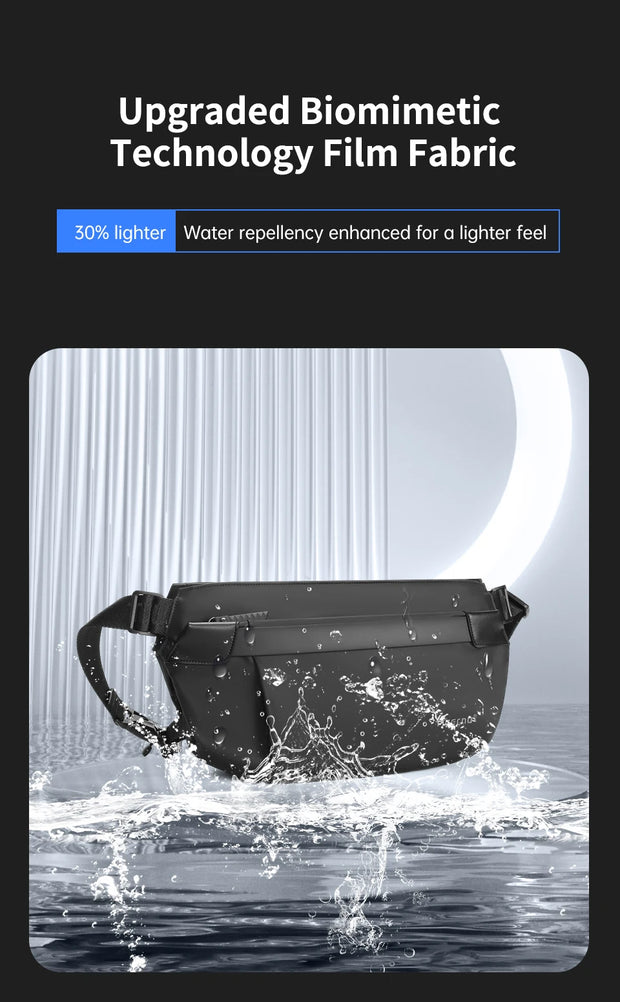 Black waist bag with water repellency feature on a black background