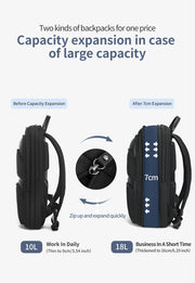 Backpack with capacity expansion feature shown before and after expansion on a white background.