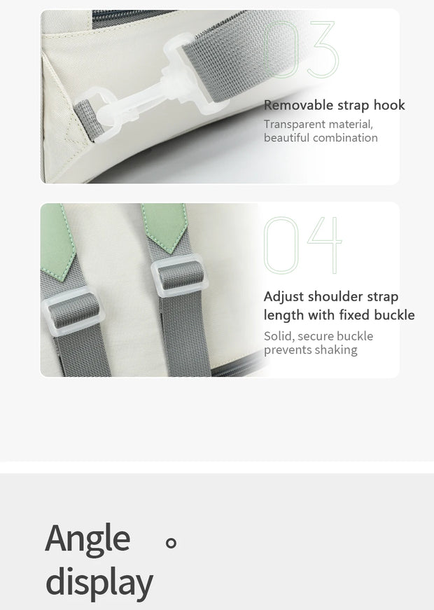 Product display of a bag with adjustable shoulder strap and removable strap hook on a white background.