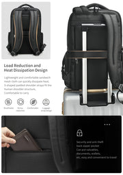 Black backpack with features highlighted on a white background