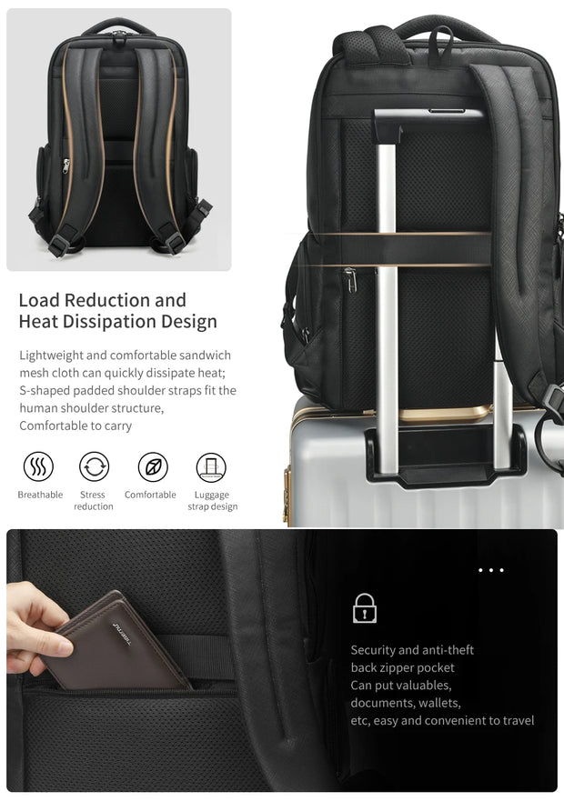 Black backpack with features highlighted on a white background