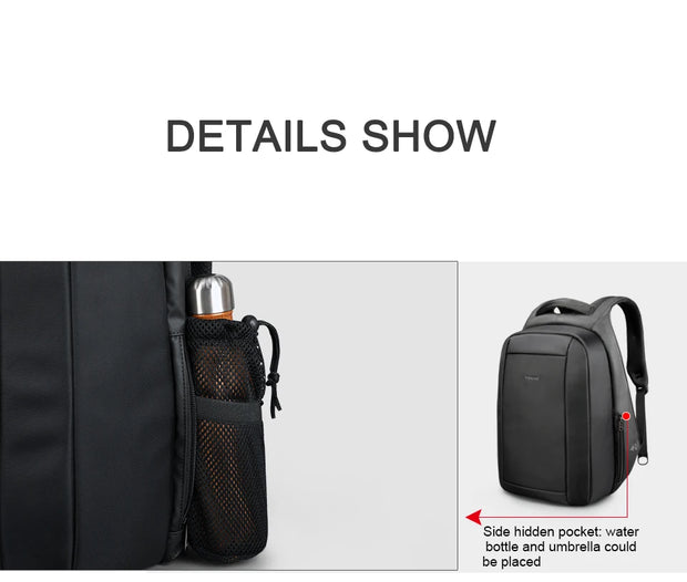 Black backpack with side pocket and water bottle holder on a white background