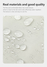 Textured fabric with water droplets and descriptive text about material quality.