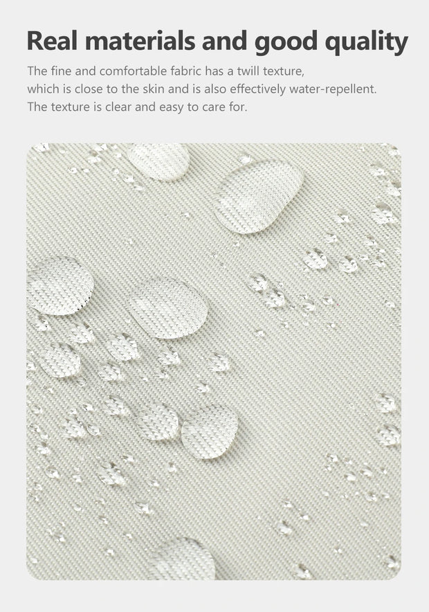Textured fabric with water droplets and descriptive text about material quality.