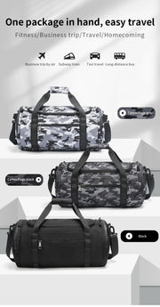 Camouflage and black duffel bags with travel icons and text on a white background