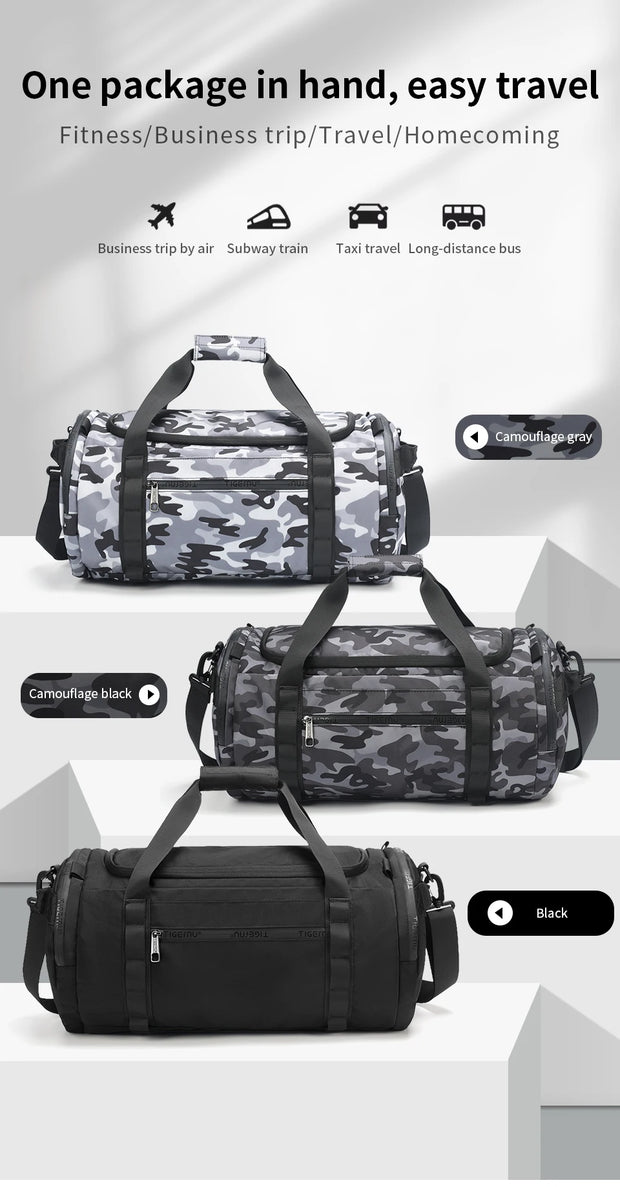 Camouflage and black duffel bags with travel icons and text on a white background