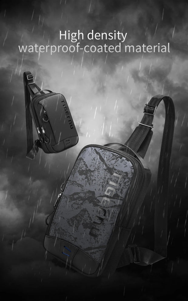 Two backpacks with high-density waterproof material shown in a rainstorm.