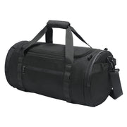 Black duffel bag with straps on a white background