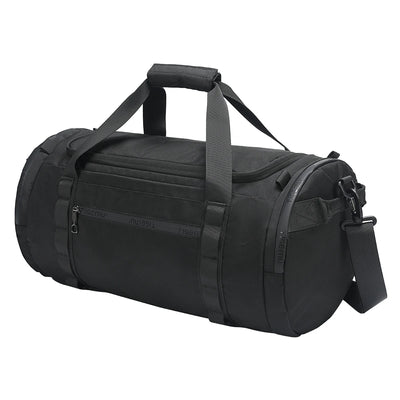 Black duffel bag with straps on a white background