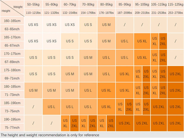 Size chart for clothing with height and weight ranges and corresponding size labels.