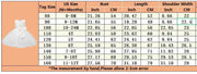 Size chart for children's dresses with tag sizes, US sizes, and measurements in inches and centimeters.