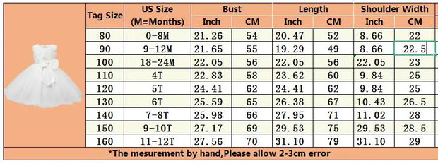 Size chart for children's dresses with tag sizes, US sizes, and measurements in inches and centimeters.