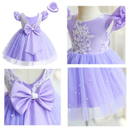 Collage of a purple children's dress with lace details and a bow on a mannequin.