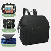 Black backpack with features highlighted on a white background