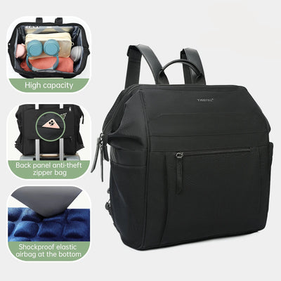 Black backpack with features highlighted on a white background