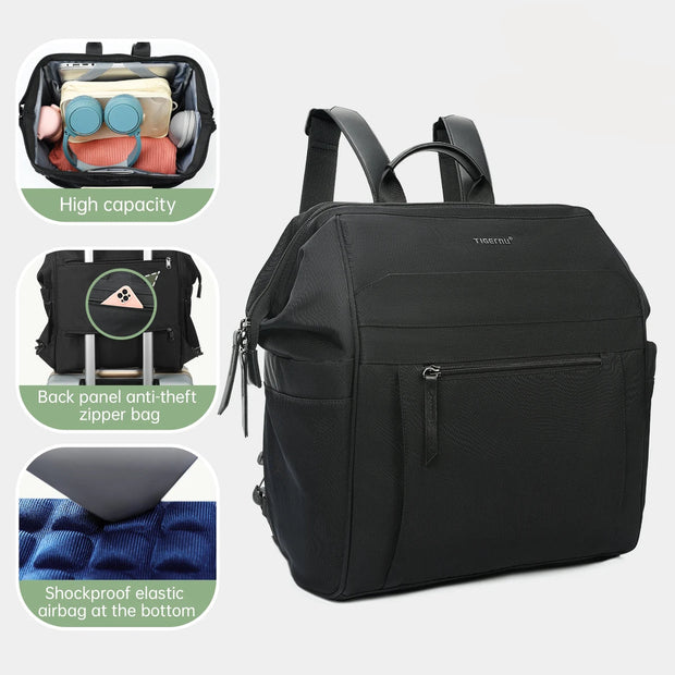 Black backpack with features highlighted on a white background