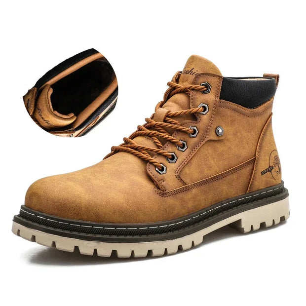 Brown boot with black sole on a white background