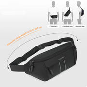 Black waist bag with shoulder strap length information on a white background