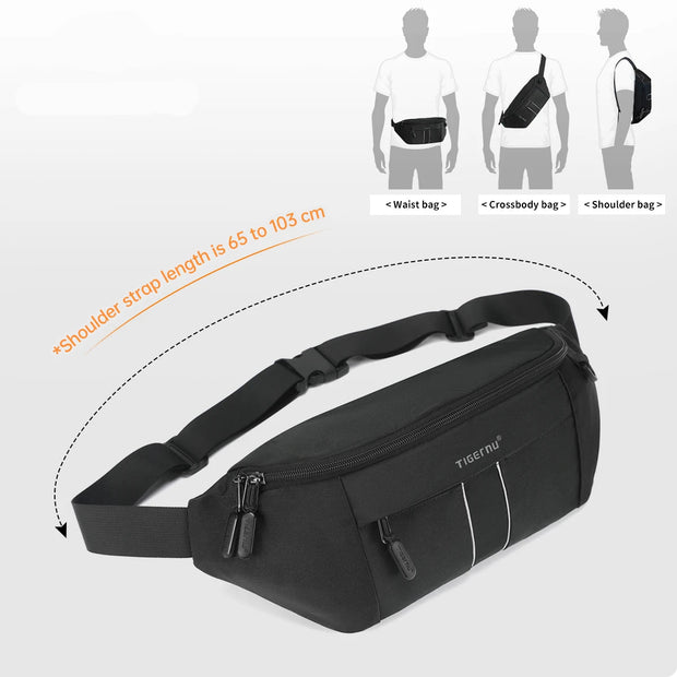 Black waist bag with shoulder strap length information on a white background