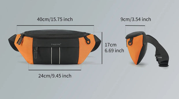 Orange and black waist bag with measurements on a gray background
