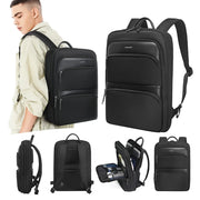 Black backpack with multiple views and a person wearing it.