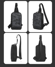 Black sling bag shown from multiple angles on a white background