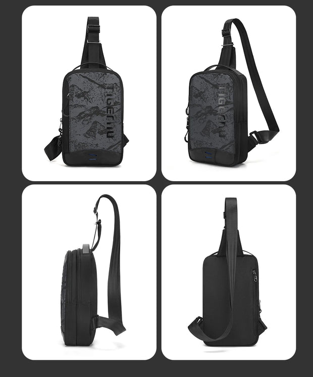Black sling bag shown from multiple angles on a white background