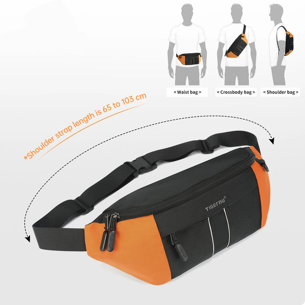 Orange and black waist bag with shoulder strap and usage illustrations.