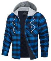 Blue and black plaid jacket with gray hood on a white background