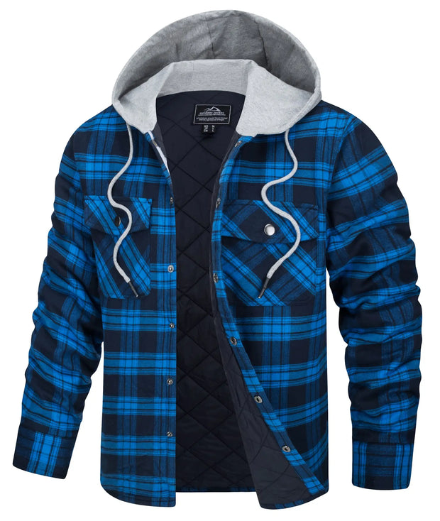 Blue and black plaid jacket with gray hood on a white background