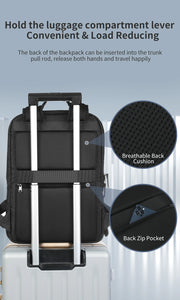 Black backpack with features highlighted on a light gray background