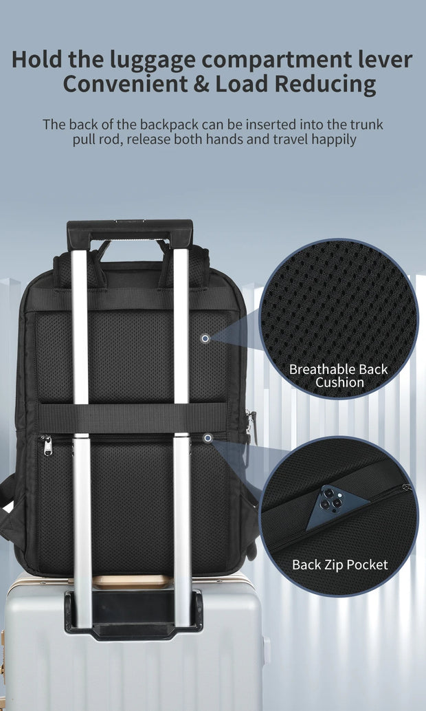 Black backpack with features highlighted on a light gray background
